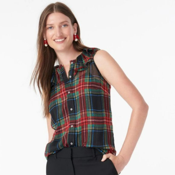NWT J. Crew Sleeveless Ruffle Collar Black Stewart Tartan Plaid Blouse. SZ S - Picture 2 of 5